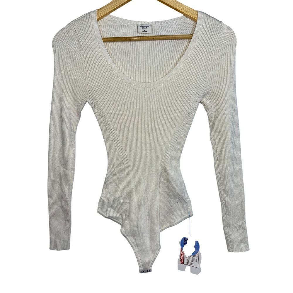 Abercrombie & Fitch White Ribbed Knit Scoop Neck Long Sleeve Bodysuit Womens S